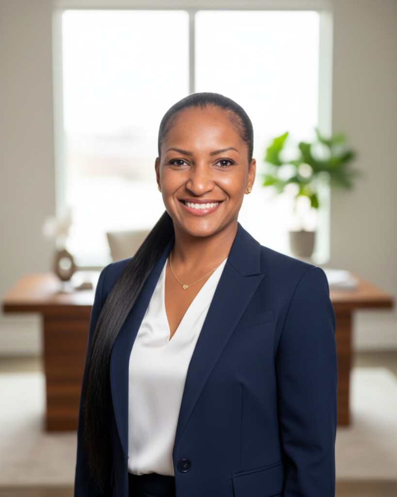 Ingrid smiling in a navy blue blazer and white blouse, standing in a bright office with large windows and a blurred plant in the background.